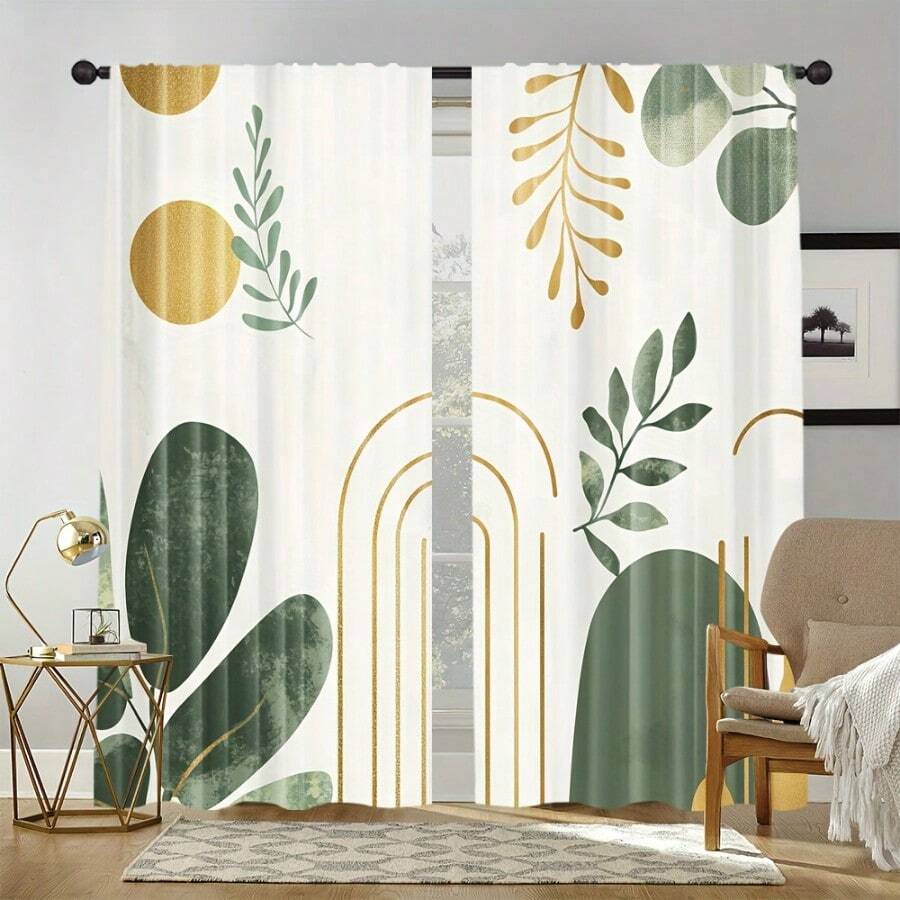 2pcs Light Green Bohemian Style Curtains, With Rod Pocket Design For Privacy Protection, Decorated With Gold Artistic Accents, Suitable For All Seasons. Made Of Polyester Material, Perfect For Decorating Dining Room, Public Space, Living Room, Bedroom, Workspace, Study And Vacation Home. - Multicolor - View 1