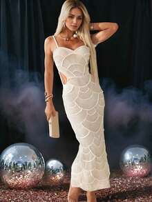 [Hot New Arrivals Spring/Summer 2026] Solid Color Spaghetti Straps Pearl Sequins Decoration Hollow Slit Elegant Slim Long Dresses Women Exquisite Ceremony Big Size Wedding Prom Party Spring - trắng - Xem 5