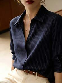 YUXIN 春秋新款宽松时尚蓝色条纹优雅长袖衬衫，设计感十足的通勤工作服修身百搭衬衫 - 藏蓝色 - 查看 3