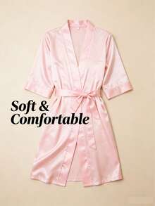 1pc Women's Solid Color Elegant Tie-Front Robe, Sexy Short Satin Silk Soft Sleepwear, Suitable For Brides, Bridesmaids, Home Wear. Wedding Season Short Dress, Letter Pattern, Kimono And Nightgown. - Bright Pink - View 6
