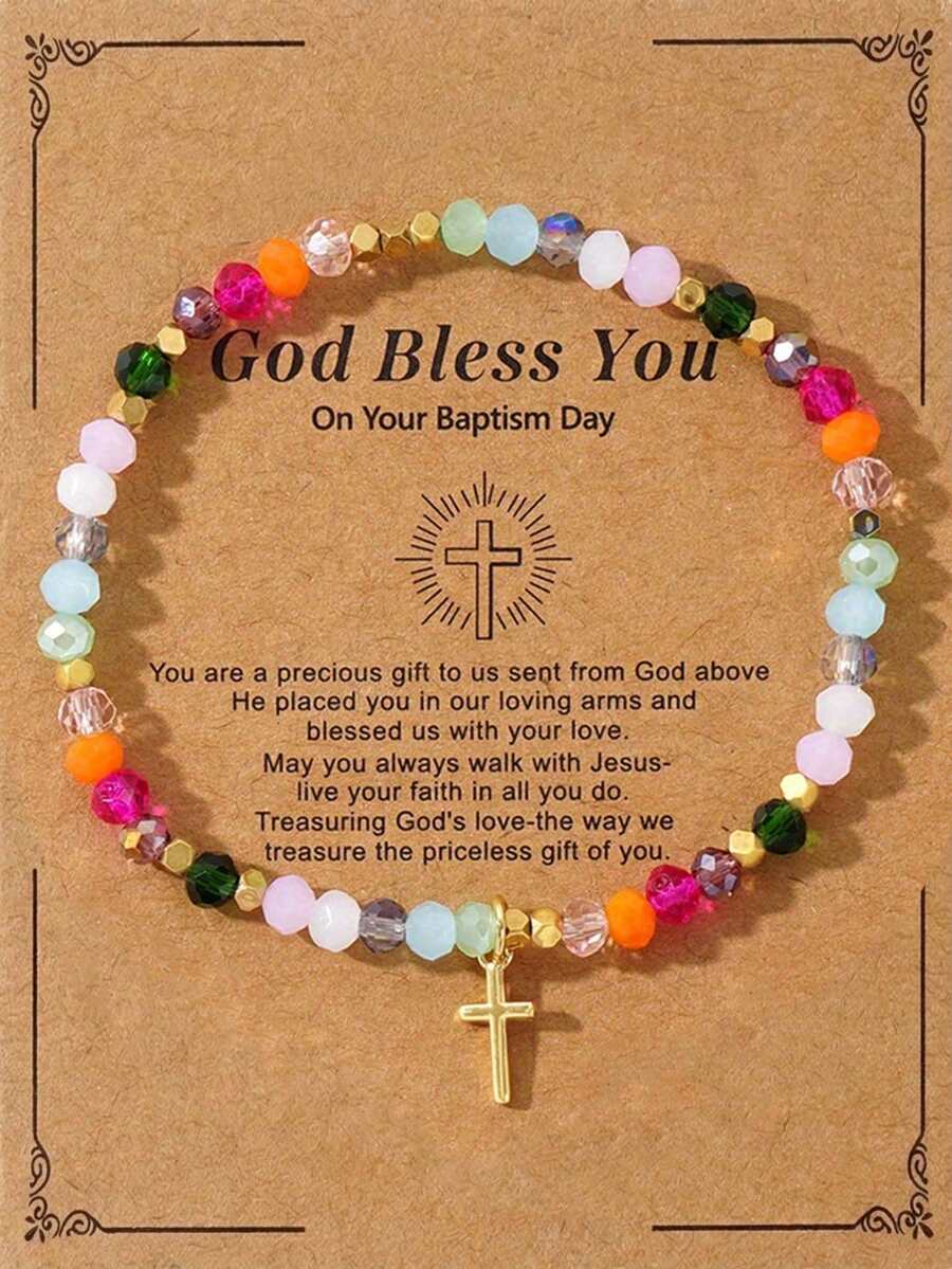 1pc New Fashion Vacuum Electroplated Cross & Square Agate Colorful Crystal Beaded Bracelet, Elegant Gift For Women/Girls, Easter Gift, Comes With Blessing Card, Couple/Best Friend Gifts - View 1