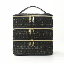 Three-Layer Cosmetic Bag, Large-Capacity Cosmetic Organizer, Quilted Travel Toiletry Bag, Gold Zipper, Women's Portable Makeup Case. This Stylish Three-Layer Cosmetic Bag Features A Sophisticated Quilted Design And Durable Construction, Perfectly Organizing All Your Beauty Essentials. - Multicolor - View 10
