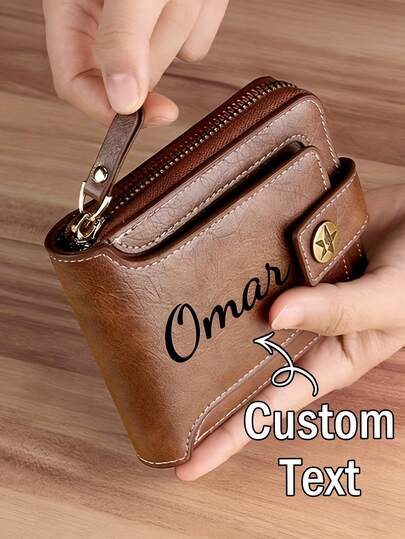 1 chiếc ví nam khắc tên cá nhân, ví da giả màu nâu thời trang có khóa cài, ngăn đựng thẻ và tiền xu có khóa kéo, phụ kiện bền chắc và thanh lịch, món quà lý tưởng cho Ngày của Cha và các dịp đặc biệt.