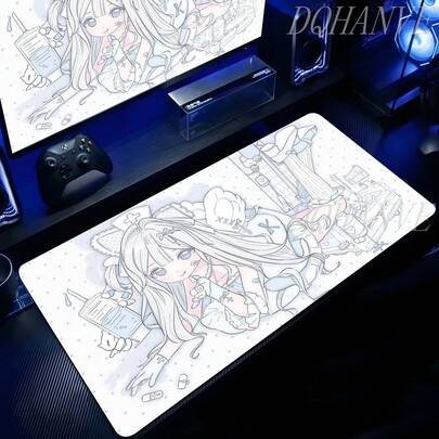 1PC Y- Kawaii Nurse Anime Girl Large Gaming Mouse Pad, Extended Desk Mat With Polka Dot Background, Non-Slip Rubber Base, Stitched Edges, Premium Smooth Surface, For PC Gaming, Office, Home Desk Decor, Ideal Gift For Anime Fans & Gamers