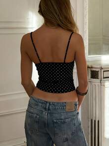 Women Polka Dot Spaghetti Strap Tank Tops Y2K Fairycore Lace Trim Corset Camisole V Neck Slim Cami Tops Cute Lace Trim Crop Tops For Summer Going Out Tops Sweet T-Shirt Casual Streetwear - 黑色 - 查看 5