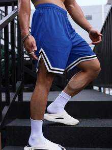 1件男童運動透氣拼接色戶外健身網布印花短褲，適用網球、健身房、籃球，春夏秋返校季 - 藍色 - 查看 7
