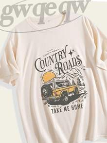GWQEQW Country Roads Take Me Home Graphic T-Shirt With Vintage  And Mountain Scene Design,Summer Outfits For Women, Vacation Outfits Women, Summer Clothes, ,Summer Tops - Màu be - Xem 2