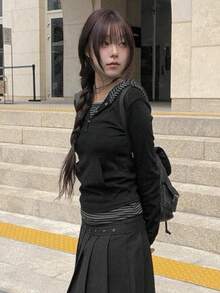 休闲百搭条纹拼接连帽长袖T恤 - 黑色 - 查看 7