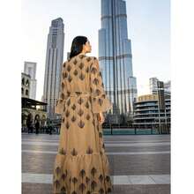 Abaya Fashion Dress, Middle Eastern Arabic Dubai Robe Netted Embroidered Set, Women Long Robe Spring - Khaki - View 8