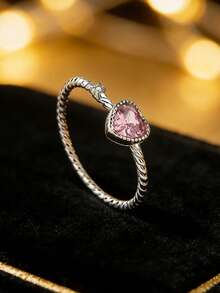 925 sterlingsilverring i hjärtformad diamant, elegant armband med pavefattning, unika feminina smycken, present till bästa vän - Rosa - Visa 7