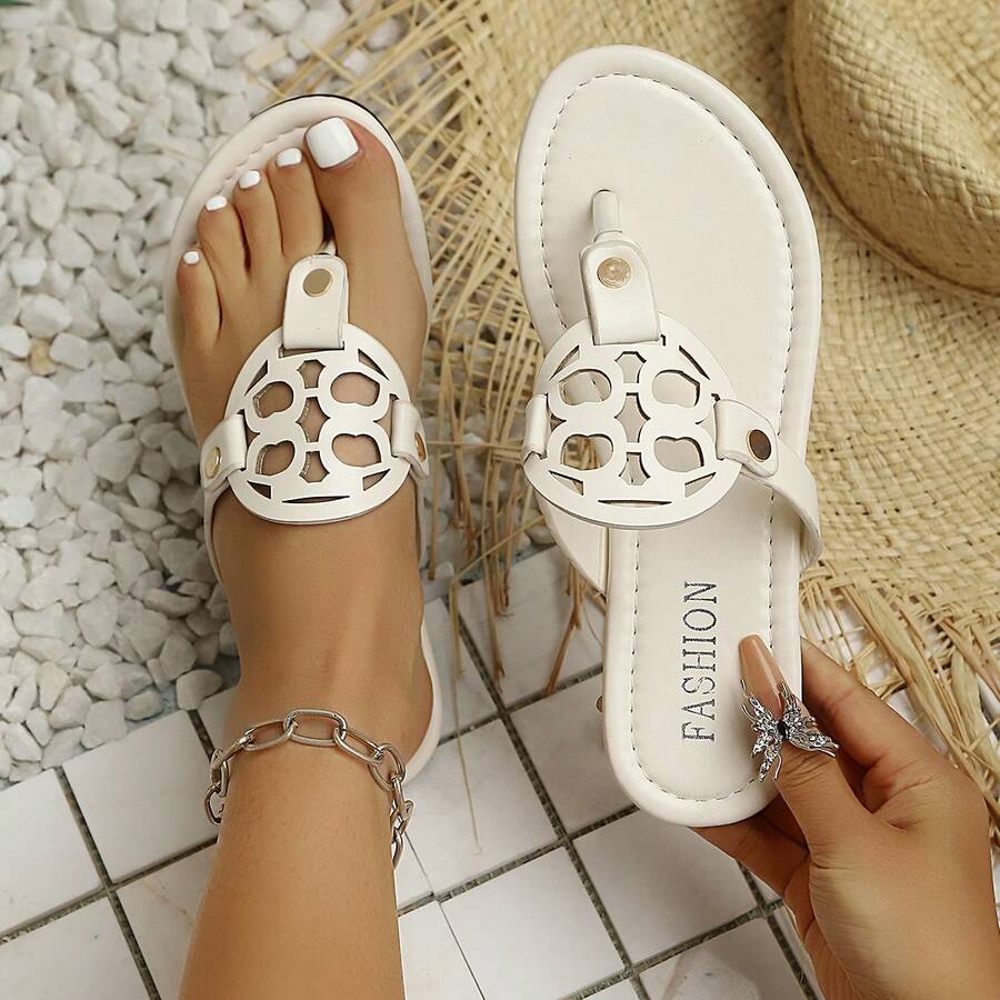 Dép xỏ ngón thời trang châu Âu và Mỹ mùa xuân/hè, đế bằng mềm mại chống trơn trượt, có khóa cài, khoét rỗng, thích hợp đi biển. - trắng - Xem 1