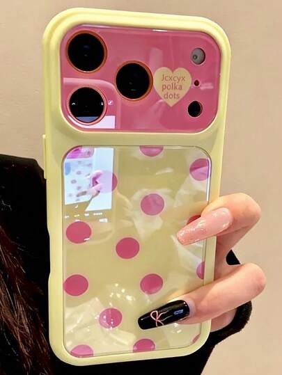 Leuk, eenvoudig roze telefoonhoesje met stippen in snoepkleuren voor iPhone 17 Pro Max, 17 Pro, 17, 16 Pro Max, 16 Pro, 16, 15 Pro Max, 15 Pro Max, 15 Pro, 15, 14 Pro Max, 14 Pro, 14. Mooie glanzende, geleiachtige, valbestendige achterkant.