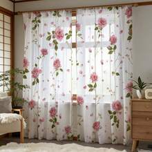 2 Stücke rosa Rosen Vorhänge, mit rosa Rosen und grünen Ranken Mustern in Blütenblatt-ähnlichem Design, 2D bedrucktes halbtransparentes Polyestermaterial, geeignet für Wohnzimmer/Schlafzimmer, mit Gardinenstangen-Schlaufe für romantischen Stil - 2pcs - Übersicht 6