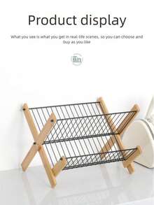 1pc Foldable 2-Tier Bamboo Dish Drying Rack, Natural Wood And Black Metal Wire Plate Holder, Collapsible Kitchen Counter Dish Drainer Rack, Space-Saving Sturdy For Small Kitchen And Apartment - Silver - View 10