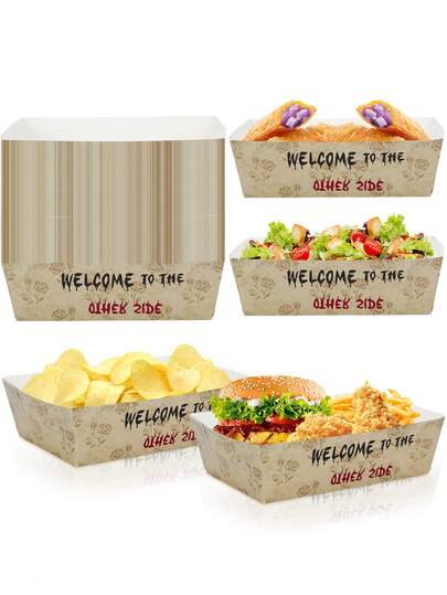 6pcs/20pcs/40pcs "Welcome To The Other Side" Disposable Paper Food Trays - Vintage Rose Pattern Serving Boats For Burgers, Fries, Salads, Snacks, Party Supplies, Sturdy & Durable, Perfect For Birthday, Stranger Party, Friends Gathering, Halloween, Gothic Themed Parties & Movie Nights