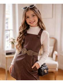 Girls' Outfit Set - Blogger Style - Faux Leather Jumpsuit With Blouse - Rỉ Nâu - Xem 4