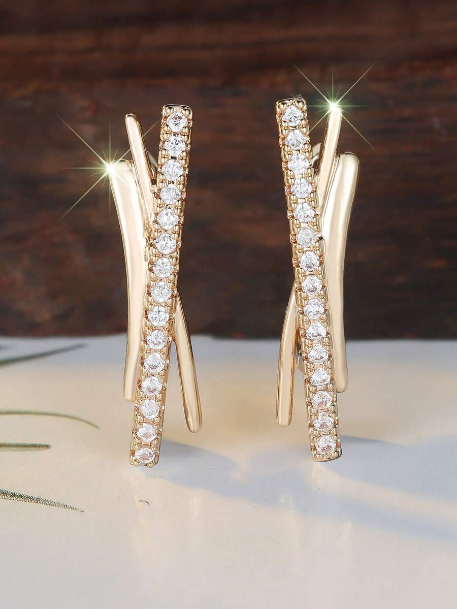 Vanel 1 Pair Elegant Gold Branch-Shaped White Cubic Zirconia Pendant Earrings, Women's Exquisite Climbing Earrings, Fashionable Daily Jewelry - Golden Yellow-white - View 1