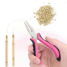 Bộ dụng cụ nối tóc màu hồng bao gồm kìm kéo tóc, móc nối tóc và 100 vòng nối tóc nhỏ. - Xem 14