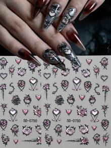 1片Y2K哥特玫瑰心形美甲贴纸，3D粉色和黑色玫瑰刺玫瑰心形自粘美甲贴纸，朋克美甲滑块 - 彩色 - 查看 4