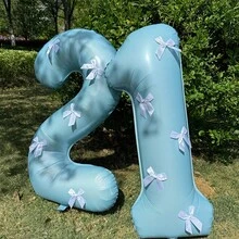Globo de número de lámina de 32 pulgadas en azul claro con 5 decoraciones de lazos blancos, adecuado para decoración de bodas, fiestas de cumpleaños, celebraciones de aniversario, propuestas, y accesorios fotográficos - Celeste - Ver 4
