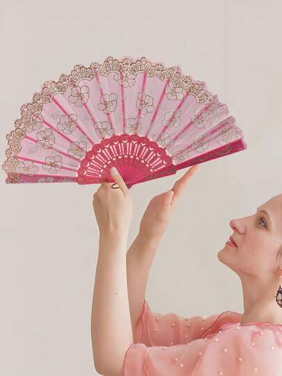 1件装 D EXCEED 蕾丝樱花手扇 可折叠复古手扇套装 女士下午茶婚礼礼物节日装饰化装舞会