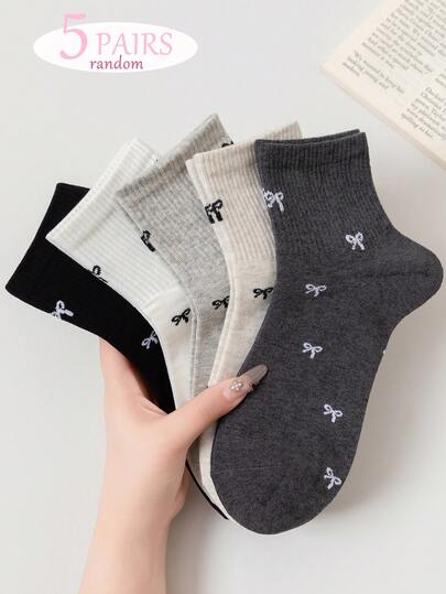 5 Pairs Women's Must-Have Bow Short Socks, Spring Summer Thin Fashion Socks With Full-Coverage Beautiful Bows, Soft Breathable Non-Squeeze White Student Socks, INS Fashion Versatile Styling Essential (Color Random)