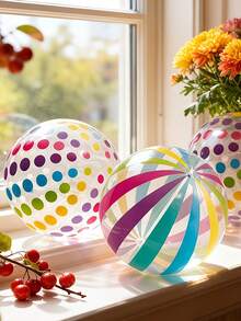 1pc Inflatable Transparent Beach Ball With Colorful Stripes And Dots, PVC Material For Pool Party Decoration, Suitable For Hawaiian Theme, Holiday Party, Carnival Gifts And Outdoor Activities, Essential For Pool Party, Pool Inflatable, Beach Essentials, Pool Float - Multicolor - View 4