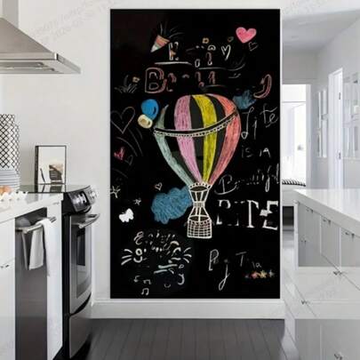 卷装可重复使用黑板墙纸 - 自粘可擦写乙烯基贴纸，适用于DIY家居装饰，黑色PVC材质，饰有奇趣热气球和生日主题图案，非常适合儿童房和创意空间，DIY墙面艺术 | 生日主题装饰 | 自粘贴纸，墙贴
