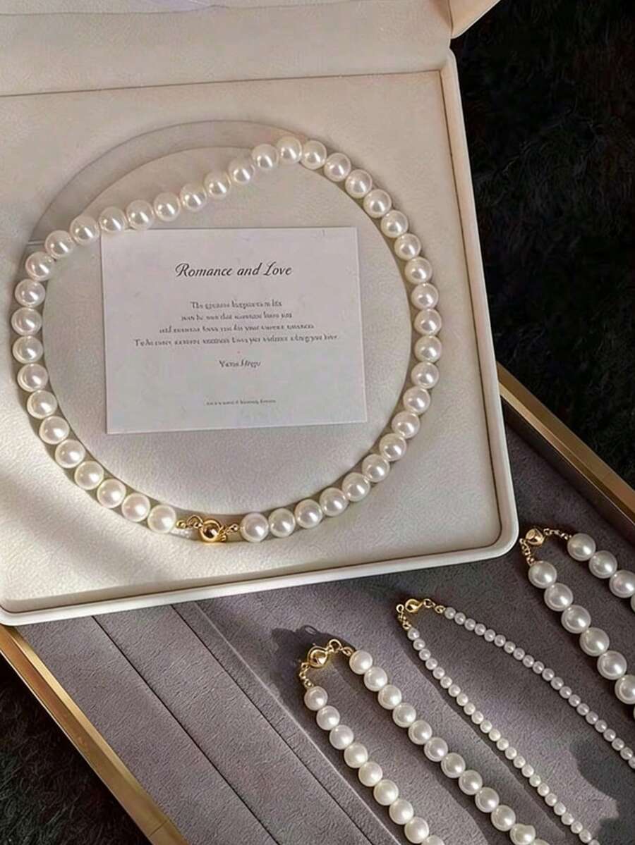 1件装多层仿珍珠项链，法式奢华简约优雅百搭颈链配饰，新品上市 - 白色珍珠 - 查看 1