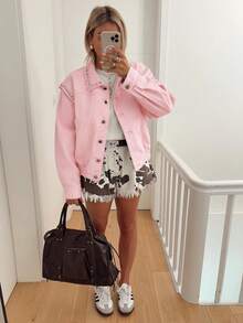 女士新款飞行员风格宽松复古夹克，带口袋，长袖外套，适合春秋季穿着，粉色 - 粉色 - 查看 2