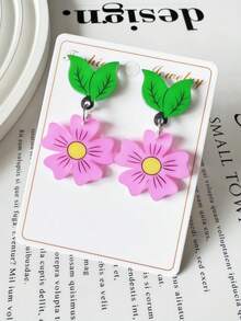 1 Pair Acrylic Pink Flower & Green Leaf Pendant Earrings, Fresh Floral Eardrops, Perfect Jewelry For Women's Daily And Vacation Wear - Earrings - View 5