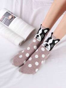 5 Pairs Women's Socks, Polka Dot Crew Socks, Novelty Dog Animal Cartoon Short Socks, Casual Collegiate Style 3D Cartoon Socks, Suitable For Daily Wear - Multicolor - View 3