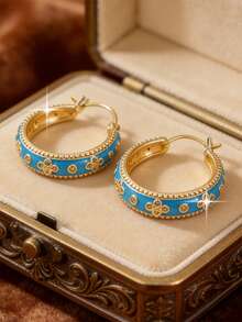 1 Pair Glamorous Luxury Large Round Cubic Zirconia Earrings, Charming Blue Enamel Four-Leaf Clover Earrings, Suitable For Wedding, Engagement, Anniversary Party Wear, Jewelry Gift - Blue - View 2