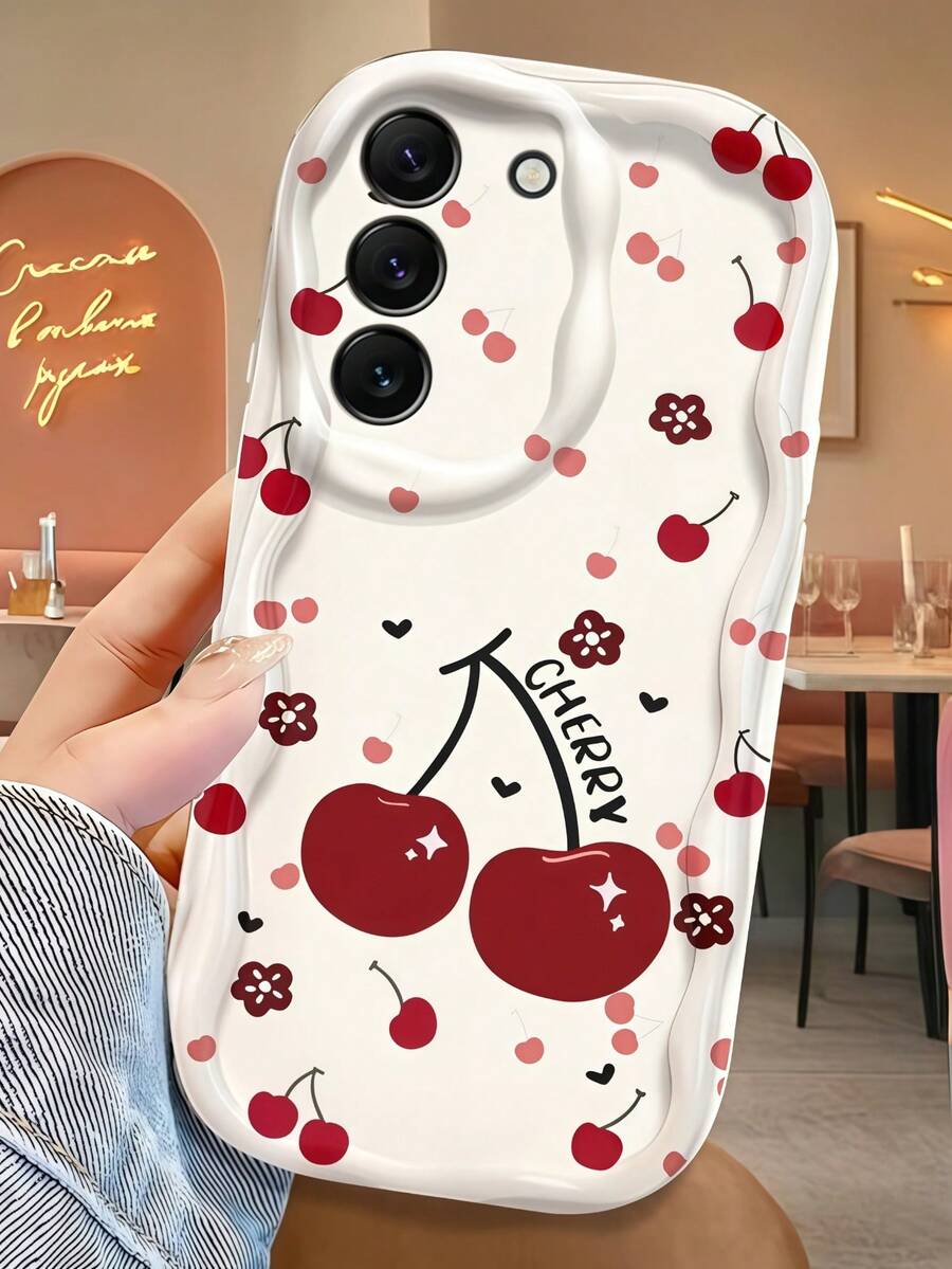 Creative Lucky Cherry Blossom Flower Print Wavy Edge Protective Phone Case Compatible With Samsung A14/A15/A16/A17/A04/A05/A06/A07/A54/A55/A56/A57/A34/A35/A36/A37/S26/S26Plus/S26Ultra/Transsion SMART 7/8/9/10/Honor 400/400Pro/200/200Pro/X7C/X8C/X9C/ 10C/13C - White - View 1
