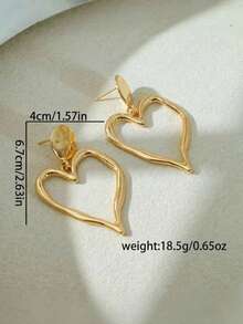 1 Pair Large Heart-Shaped Gold Dangle Earrings, Suitable For Daily Wear - Gold - View 2