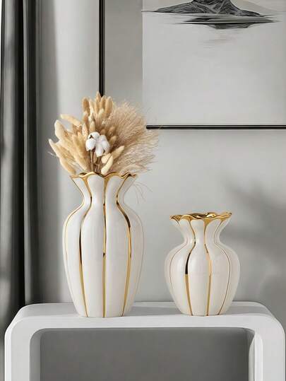 1pc Ceramic Luxury Gold-Plated Flower Vase, Suitable For Fresh Or Dried Flower Decor On Living Room Desk, Beautify Study, Entrance, Studio And Tea Room