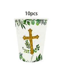10个/20个/50个装绿色祝福纸杯，一次性使用，饰有金色十字架和桉树叶图案，适用于洗礼、受洗、坚信礼、迎婴派对、婚礼及其他宗教仪式，男女通用 - 多色 - 查看 7