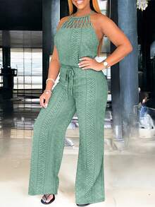 ChicMe Mono de mujer con tirantes finos, encaje y estampado jacquard, mono de pierna ancha con escote cruzado hueco, adecuado para verano, diario, vacaciones y uso en la calle - Verde - Ver 6