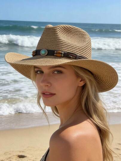 Summer Western Straw Hat For Women With Turquoise Bead Band - Wide Brim UV Protection Sun Hat, Foldable Beach Fedora For Vacation