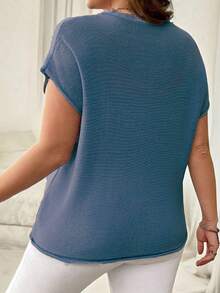 Plus Size Deep V-Neck Knit Top, Semi-Sheer Drop Shoulder Design, Regular Length, Slightly Stretchy Summer - Blue - View 2