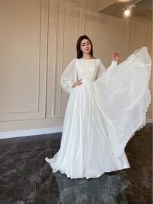 2026 Spring Fashion Court Style French White Double Layer Chiffon Large Hem Princess Fairy Dress Long Dress Gown - 黑色 - 查看 6