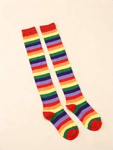 1 đôi tất cao đến đùi dành cho nữ, có 2 sọc, thoáng khí và thời trang, thích hợp cho mặc hàng ngày và dự tiệc. - Nhiều màu - Xem 2