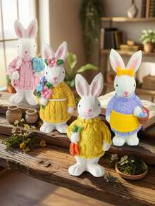 1pc Adorable Rabbit Figurine, Charming Rabbit Sculpture Decorated With Knitted Sweater, Floral Headpiece, Carrot And Basket, Dreamy Easter Spring Home Decor, Farmhouse Style Shelf/Desktop Ornament, Bedroom/Living Room Decorative Gift - Multicolor - View 7
