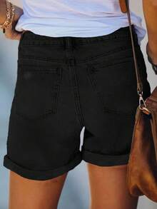Quần short denim nữ màu trơn dáng rộng, ống lửng, kiểu dáng thường ngày, màu đen, thích hợp mặc mùa hè. - màu đen - Xem 7