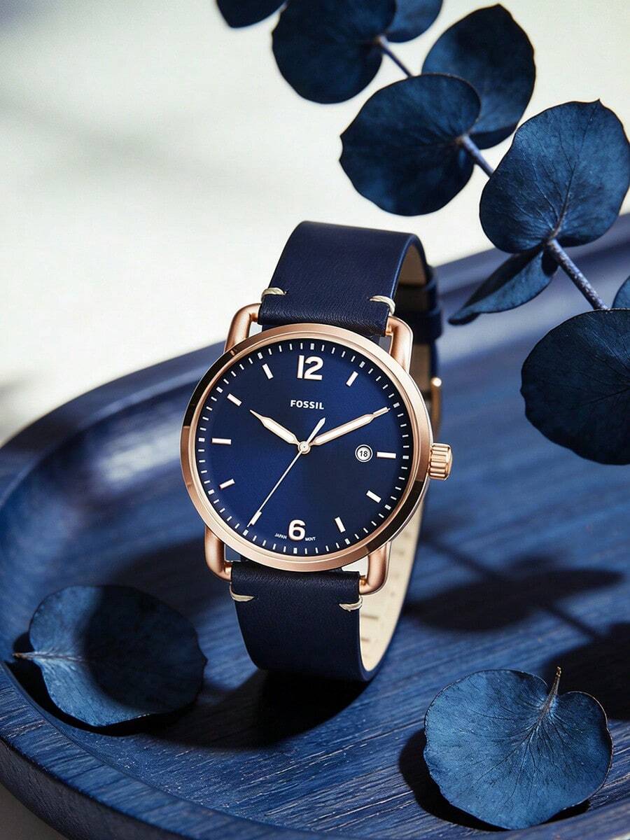 Fossil Đồng hồ nam Quartz dây da ba kim, vỏ thép không gỉ/mặt kính pha lê, FS5274/FS5277 - Màu xanh lam - Xem 1