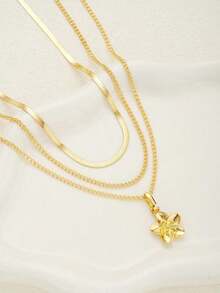 3pcs Flower Pendant, Wide Snake Bone Chain Necklace Minimalist Metal Layered Necklace Set, Elegant Vintage Chic Design, For Holiday, Party, Daily Wear, Gift - 黃金 - 查看 4