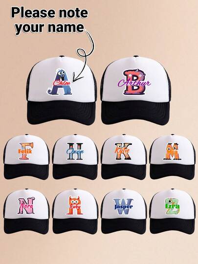 1pc Kids' Black & White Contrast Monster & 26 Letter Graphic Customized Truck Driver Hat, Funny & Quirky Breathable Lightweight Sun Hat, Suitable For Boys & Girls Daily Wear, Theme Parties, Back To School, Can Be Used As Holiday & Birthday Gift