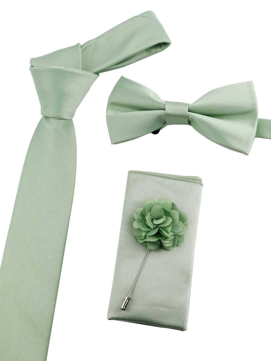 ZLQ&GOU Bộ 4 món bằng satin màu xanh nhạt gồm cà vạt, nơ, khăn cài túi áo và ghim cài ve áo, thích hợp cho tiệc cưới ngoài trời. - Xanh lá nhạt - Xem 1