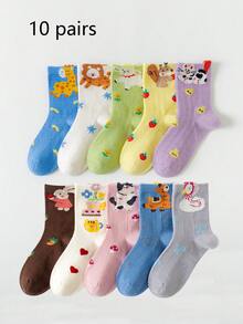 5/10 Pairs Cartoon Animal Print Breathable Mesh Mid-Calf Socks, Comfortable Versatile Sports & Student Socks, Casual Daily Wear - Multicolor - View 15