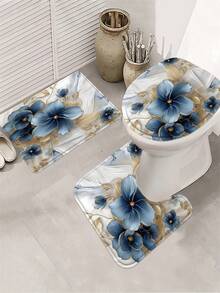 1/3/4-Piece Blue & Gold Floral Bathroom Shower Curtain Set, Including 12 Free Plastic Hooks, As Well As Matching Shower Curtain, Toilet Seat Cover, Bath Mat And Floor Rug. Machine Washable, Ideal For Room Decoration And Summer Styling. - Multicolor - View 9